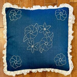 VTG Handmade Navy Blue Floral Embroidered Flowers Throw Pillow Case Lace 18x18"